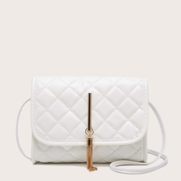 

Metal Tassel Quilted Flap Crossbody Bag, White