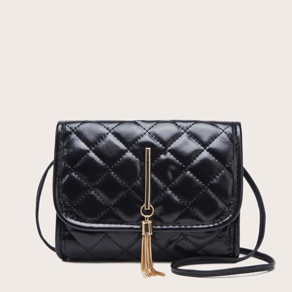 

Metal Tassel Quilted Flap Crossbody Bag, Black
