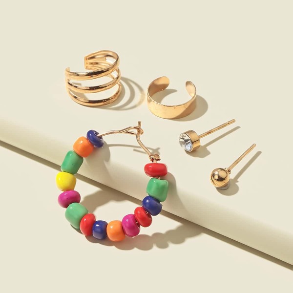 

5pcs Bead Detail Earrings Set, Multicolor