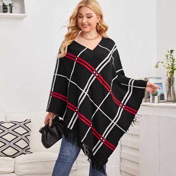

Plus Argyle Pattern V Neck Fringe Hem Knit Poncho, Black