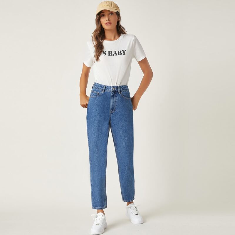 

Stone Wash Middle-Waisted Mom Jeans, Medium wash