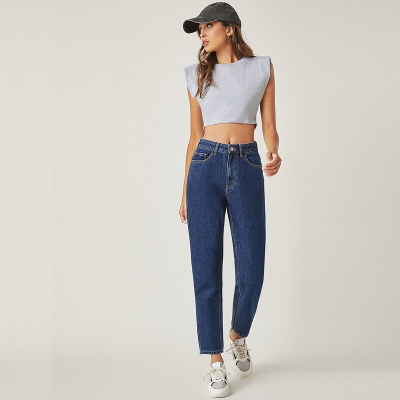

Stone Wash Middle-Waisted Mom Jeans, Dark wash