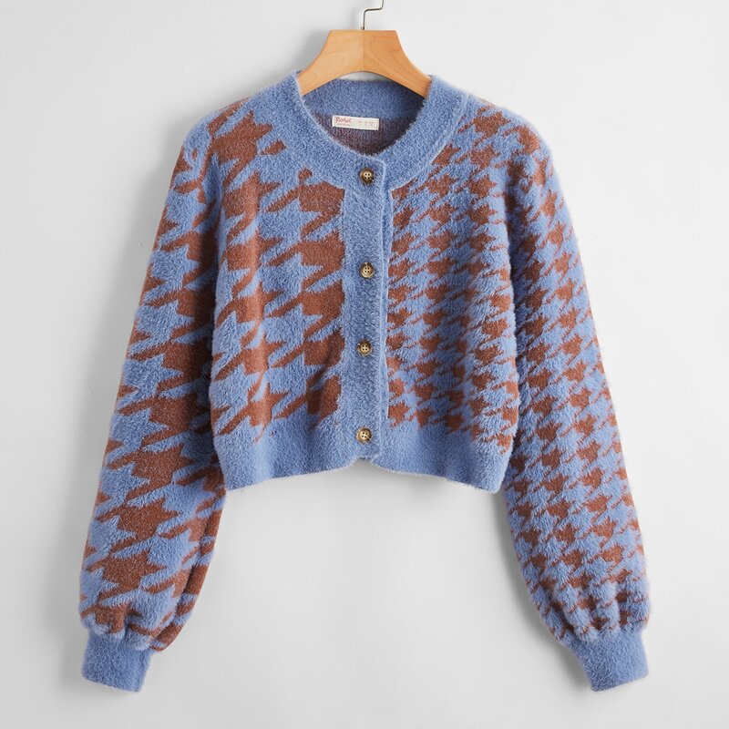 

Houndstooth Button Front Fuzzy Cardigan, Multicolor
