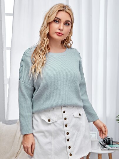 Plus Button Detail Drop Shoulder Sweater