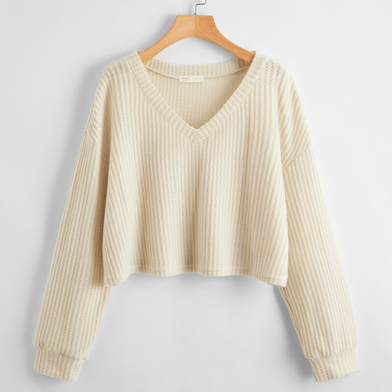 

V Neck Waffle Knit Sweater, Beige