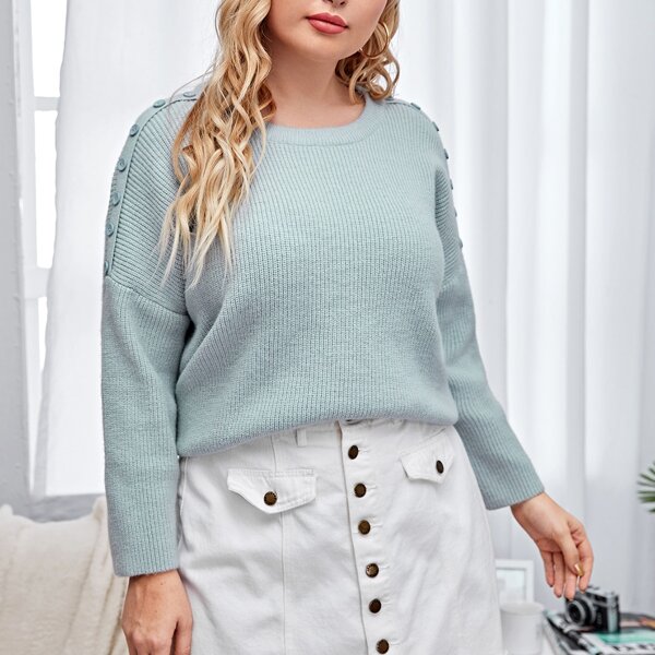 

Plus Button Detail Drop Shoulder Sweater, Baby blue