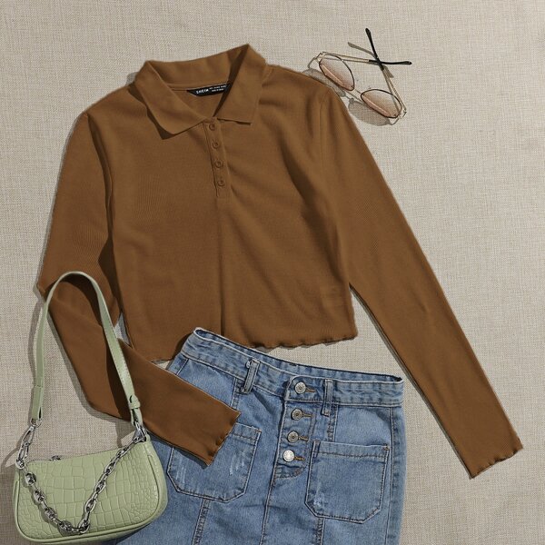 

Lettuce Trim Rib-knit Polo Top, Brown