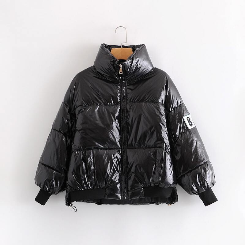 

Number Patched Zip Up Puffer Jacket, Black