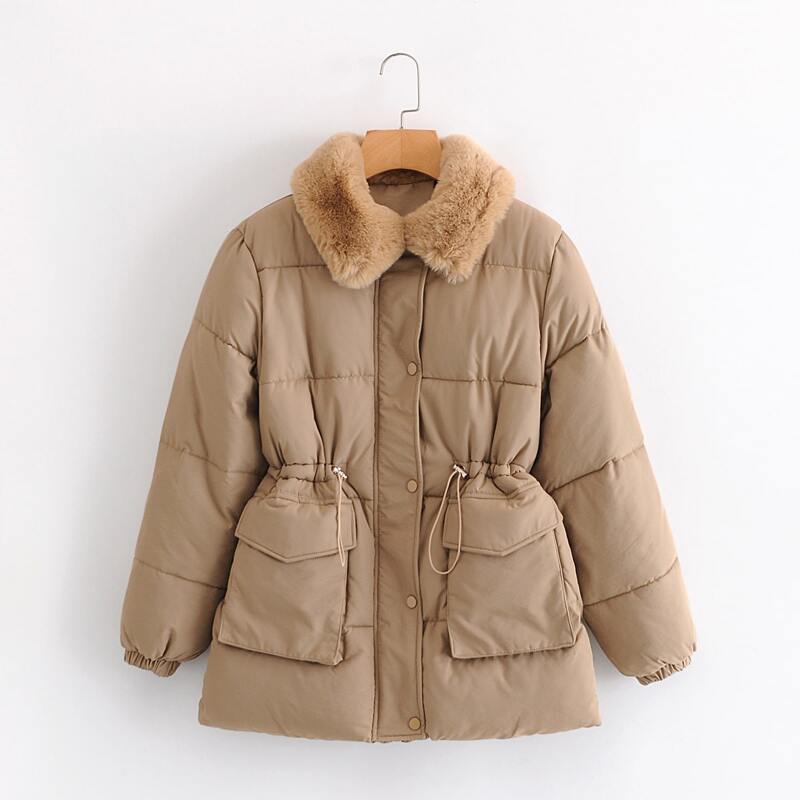 

Contrast Teddy Collar Drawstring Puffer Coat, Khaki