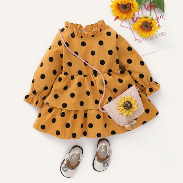 

Baby Girl Polka Dot Frill Neck Layered Dress, Mustard yellow