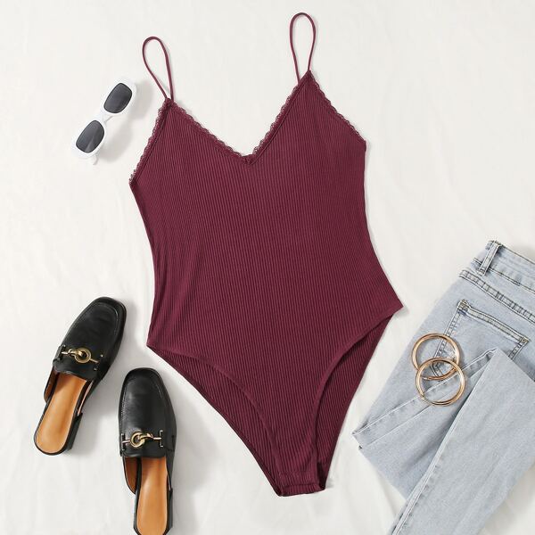 

Plus Lace Detail Rib-knit Slip Romper, Maroon