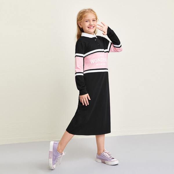 

Girls Slogan Graphic Colorblock Polo Dress, Black