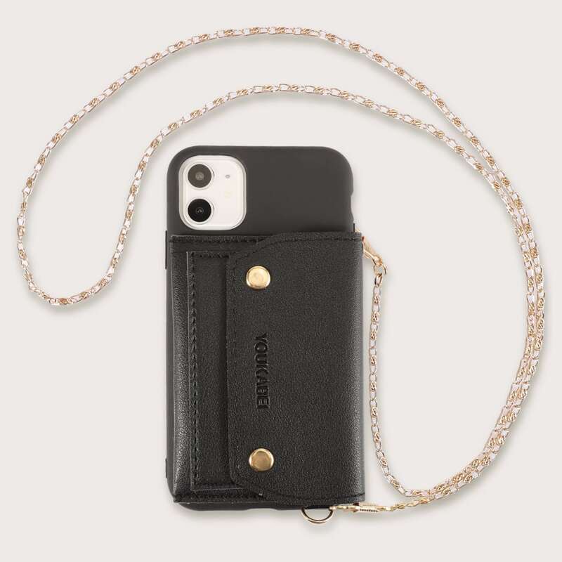 

1pc Chain Detail Wallet iPhone Case, Black