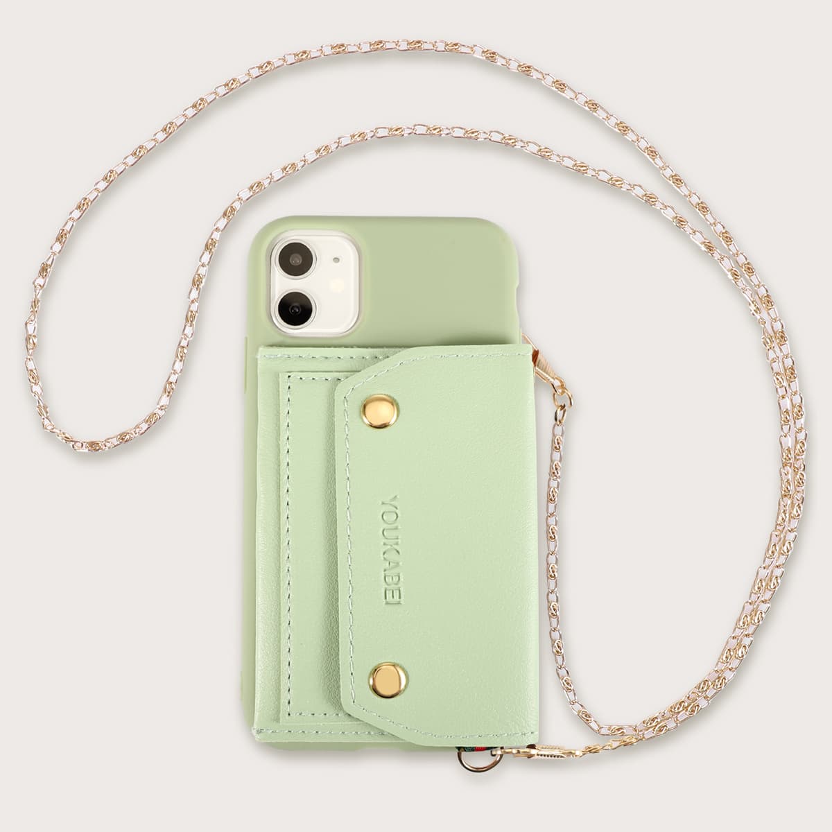 

1pc Chain Detail Wallet iPhone Case, Green