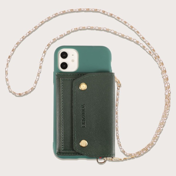 

1pc Chain Detail Wallet iPhone Case, Green