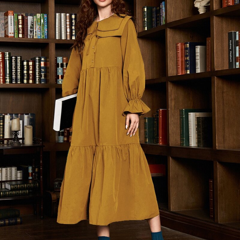 

Sailor Collar Tie Neck Buttoned Front Smock Dress, Mustard yellow