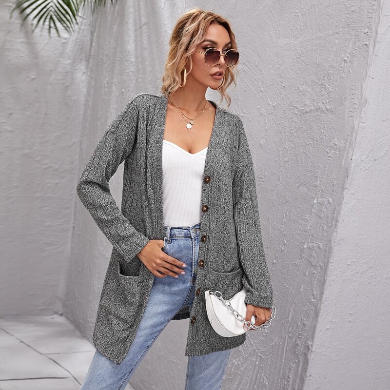 

Drop Shoulder Button Front Cardigan, Grey