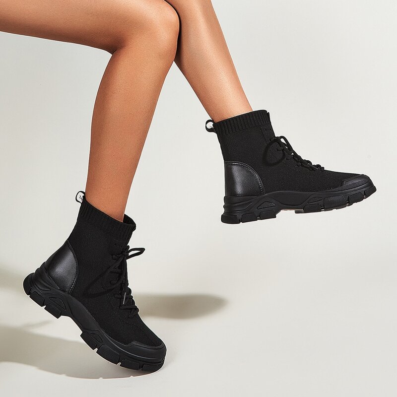 

Lace-up Front Sock Boots, Black