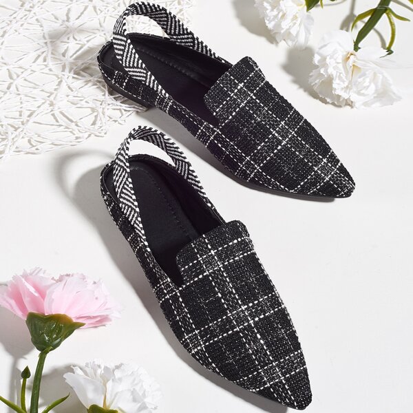 

Point Toe Plaid Slingback Flats, Black and white