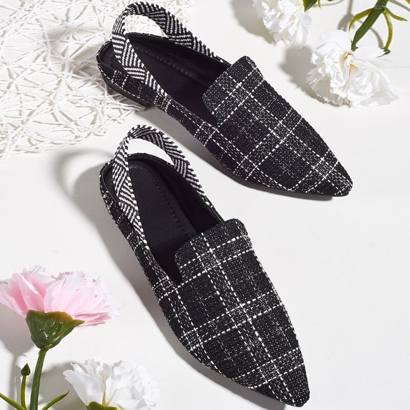 

Point Toe Plaid Slingback Flats, Black and white