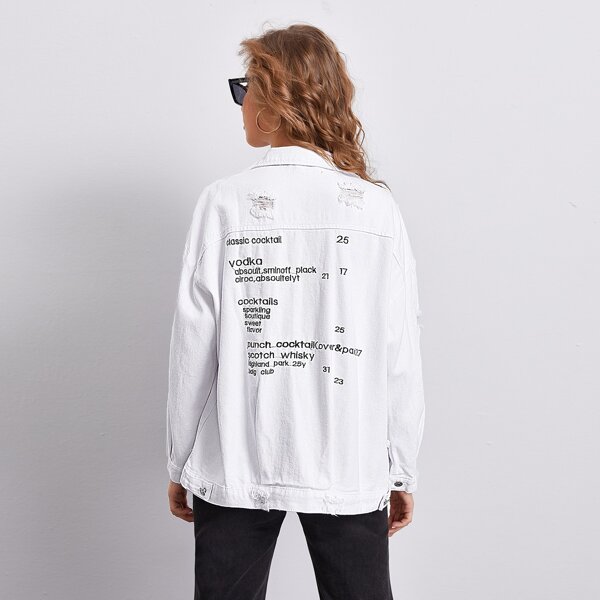 

Ripped Letter Embroidery Denim Jacket, White