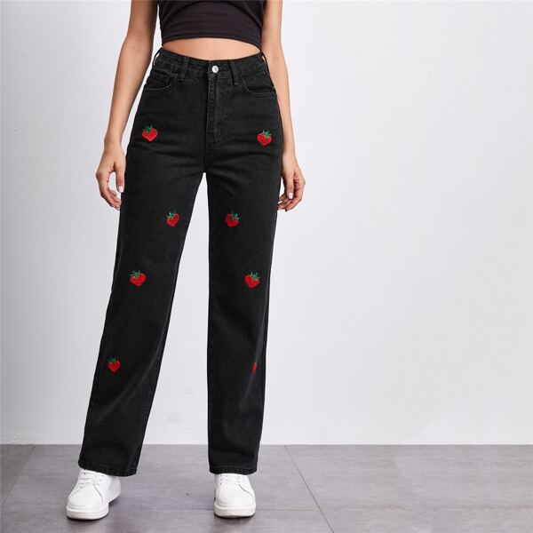 

High Waist Strawberry Embroidery Jeans, Black