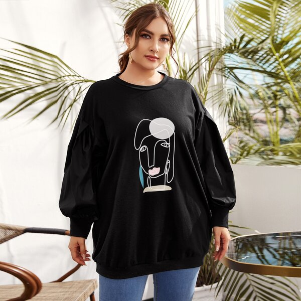 

Plus Abstract Figure Graphic Lantern Sleeve Pullover, Black