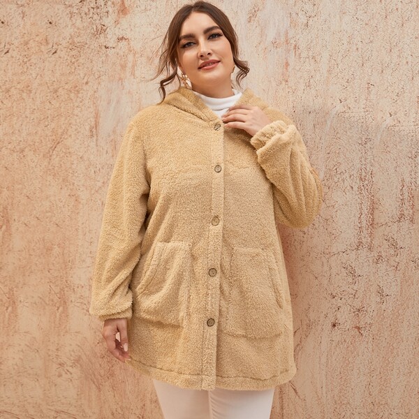 

Plus Button Front Hooded Teddy Coat, Khaki