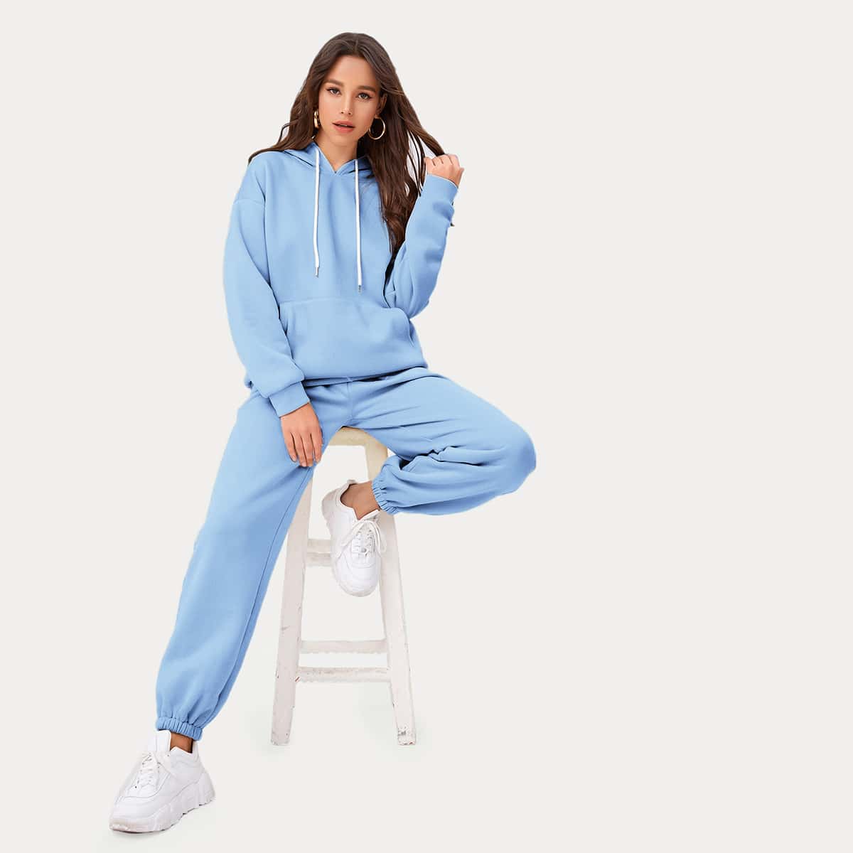

Drop Shoulder Pouch Pocket Drawstring Hoodie & Sweatpants Set, Baby blue