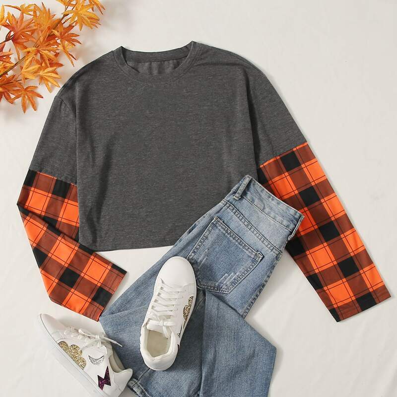 

Contrast Plaid Sleeve Crop Tee, Multicolor