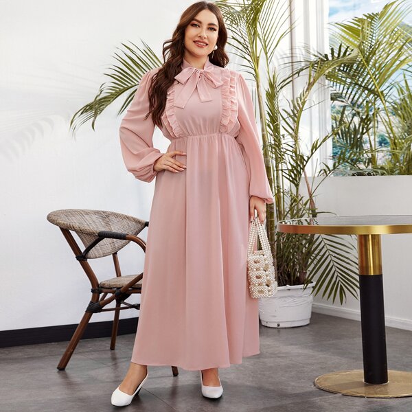 

Plus Tie Neck Ruffle Trim Lantern Sleeve Dress, Pastel baby pink