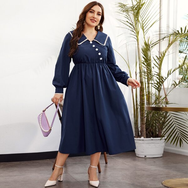 

Plus Eyelet Embroidered Sailor Collar Asymmetrical Button Front Dress, Navy blue