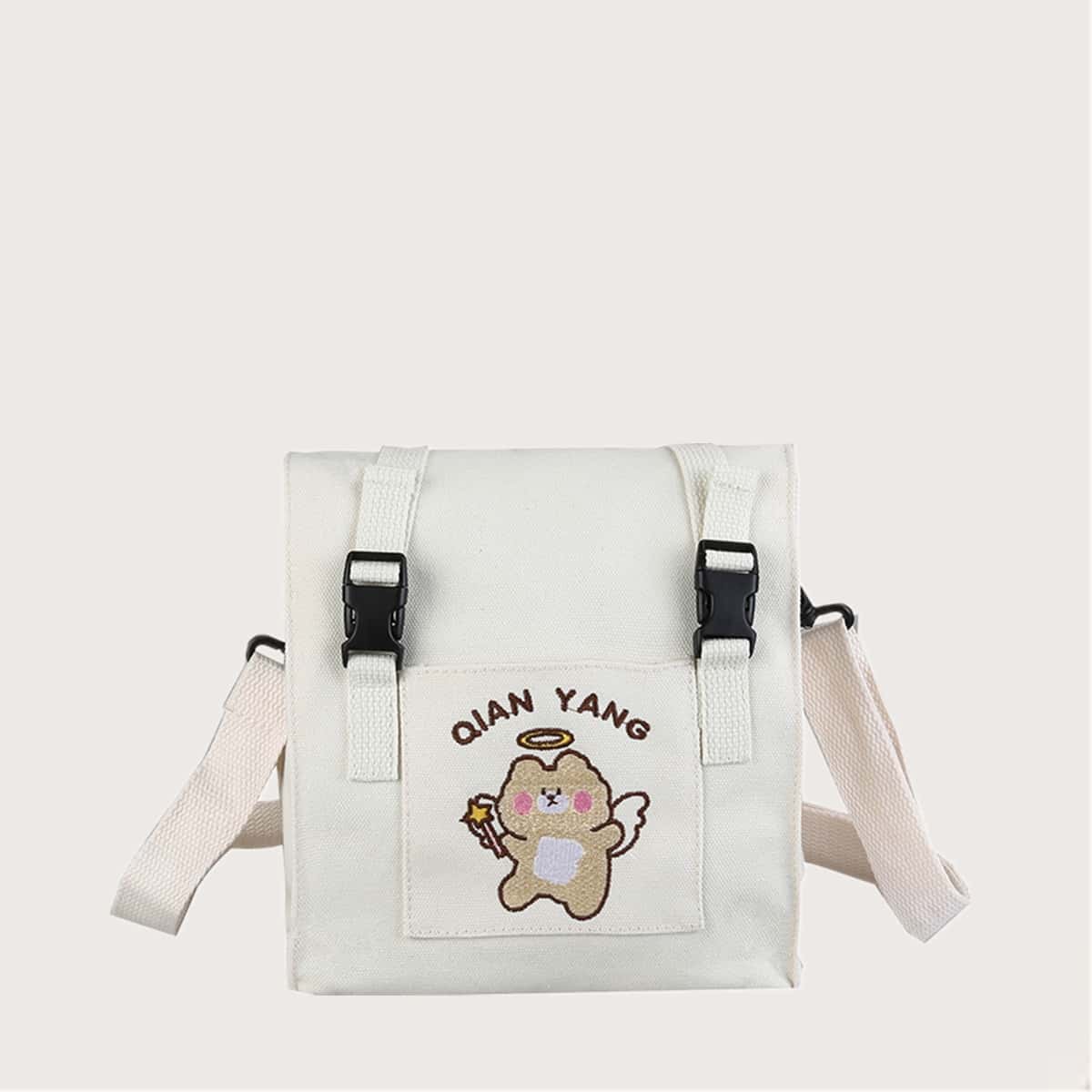 

Cartoon Bear Canvas Crossbody Bag, White