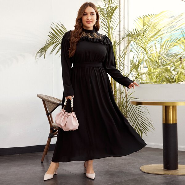 

Plus Mock-neck Lace Insert Ruffle Trim Dress, Black