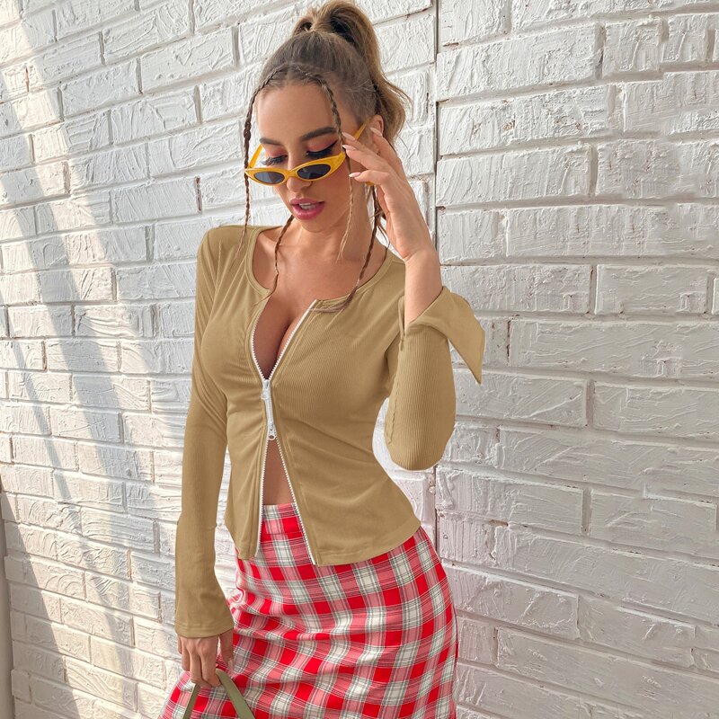 

Solid Round Neck Tee With Two-Way Separating Zipper, Camel