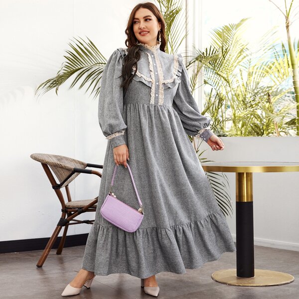 

Plus Eyelet Embroidered Lantern Sleeve Linen Look Dress, Grey