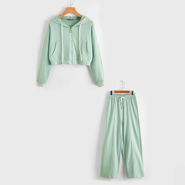 

Drawstring Zip Up Hoodie With Wide Leg Pants, Mint green