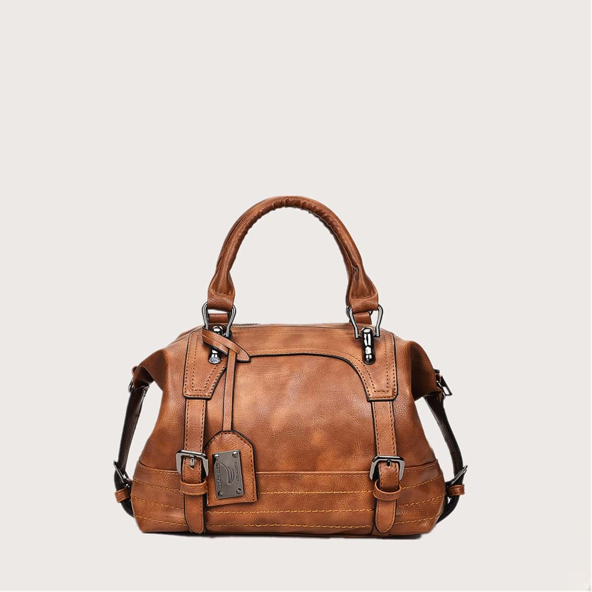 

Solid Buckle Satchel Bag, Brown