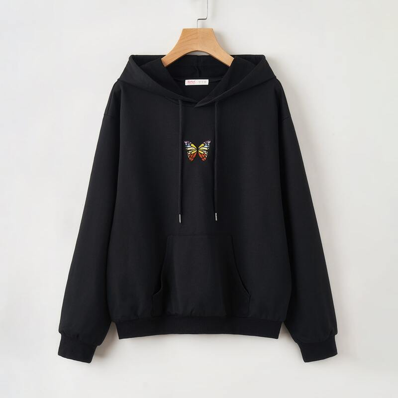 

Butterfly Embroidery Drawstring Hoodie, Black