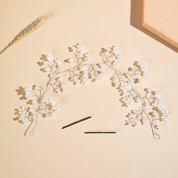 

Faux Pearl & Flower Decor Hair Accessory With 2pcs Hair Clip, White