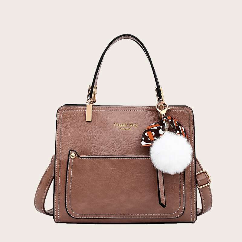 

Double Handle Satchel Bag With Bag Charm, Dusty pink