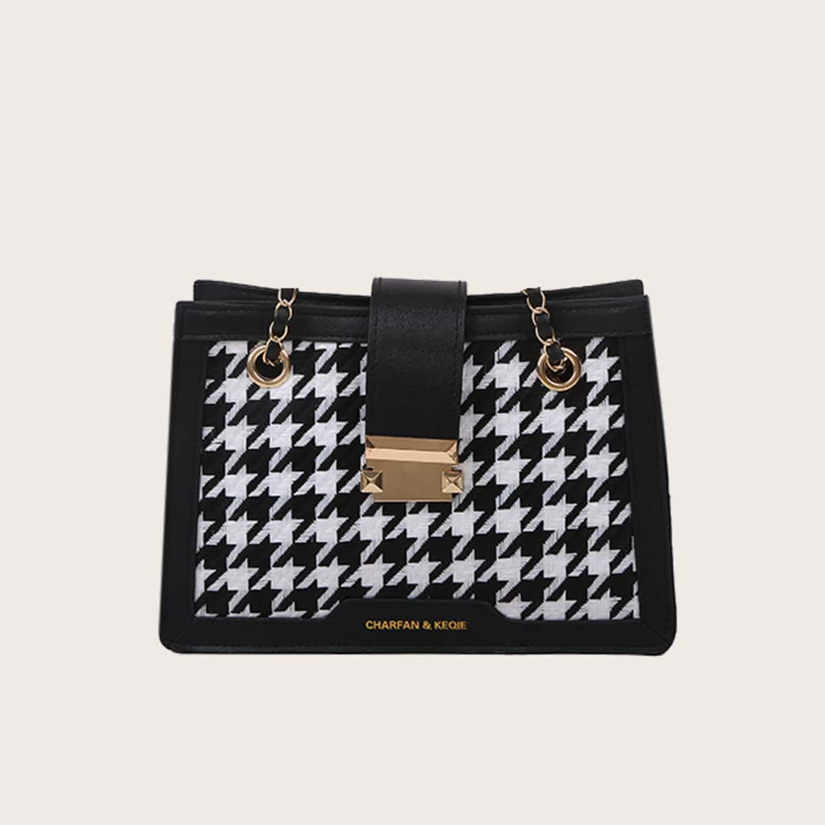 

Houndstooth Chain Crossbody Bag, Black and white