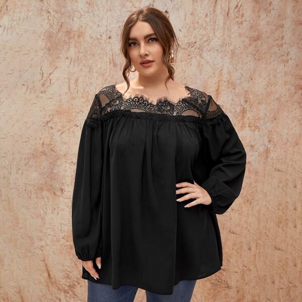 

Plus Contrast Lace Frill Trim Blouse, Black