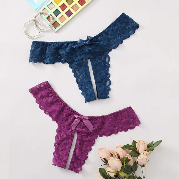 

2pack Plus Scalloped Trim Lace Crotchless Panty Set, Multicolor