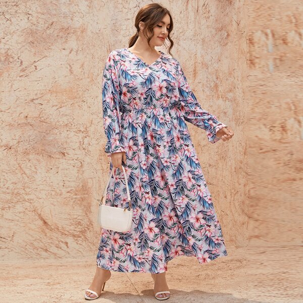 

Plus V-neck Allover Floral A-line Dress, Multicolor