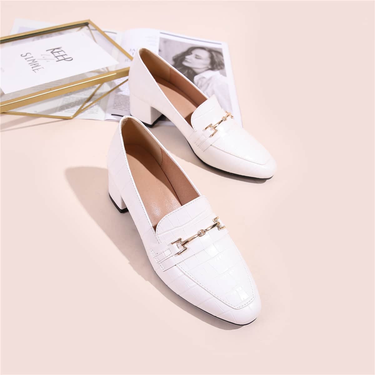 

Croc Embossed Mid Heeled Pumps, White