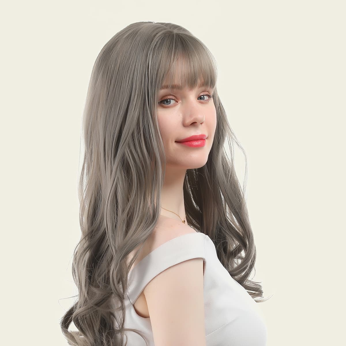 

Natural Long Curly Wig With Bangs, Grey