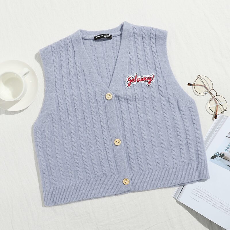 

Single Breasted Letter Embroidered Cable Knit Cardigan, Dusty blue