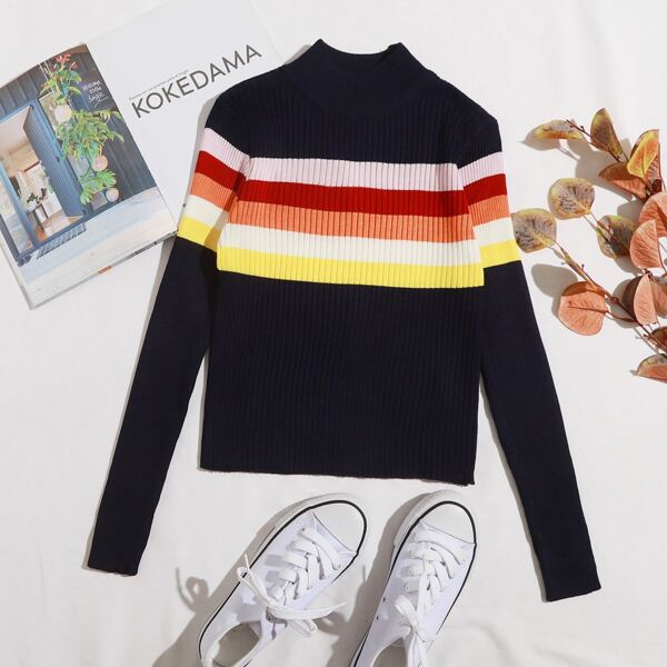 

Mock Neck Colorful Striped Ribbed Knit Sweater, Multicolor