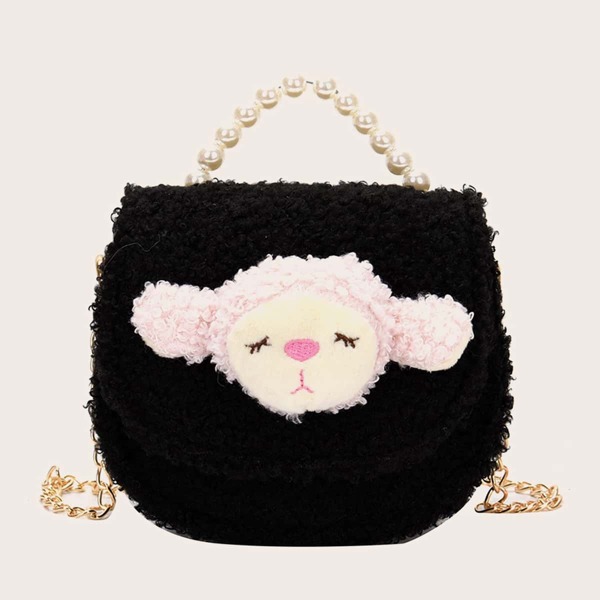 

Girls Faux Pearl Handle Cartoon Decor Satchel Bag, Black